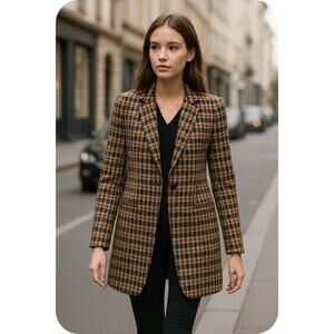 NWOT Tommy Hilfiger Women Brown Houndstooth Print Longline Blazer Jacket Coat 10
